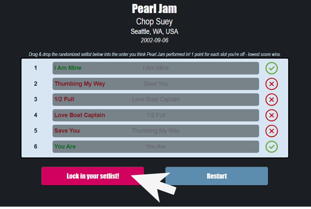 Guide to playing the Pearl Jam setlist game on Encore App