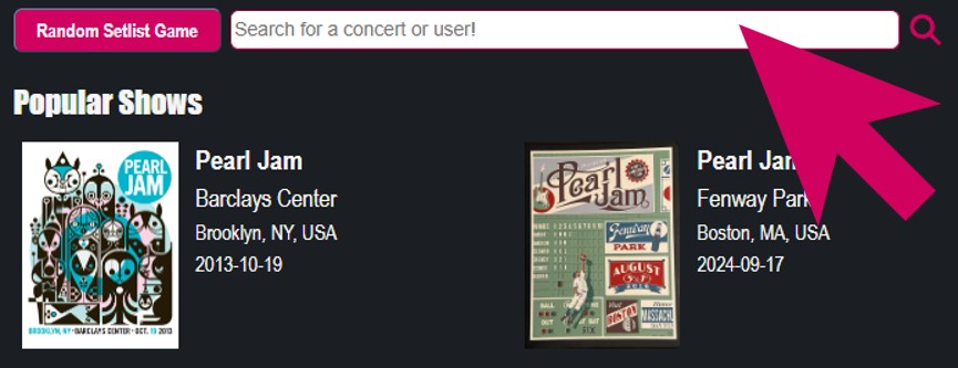 Guide on how to search for Pearl Jam setlists on Encore App